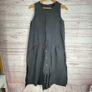 Animale Black Linen Lagenlook Tank Long Dress Sz S Slits Pockets Boho Buttons